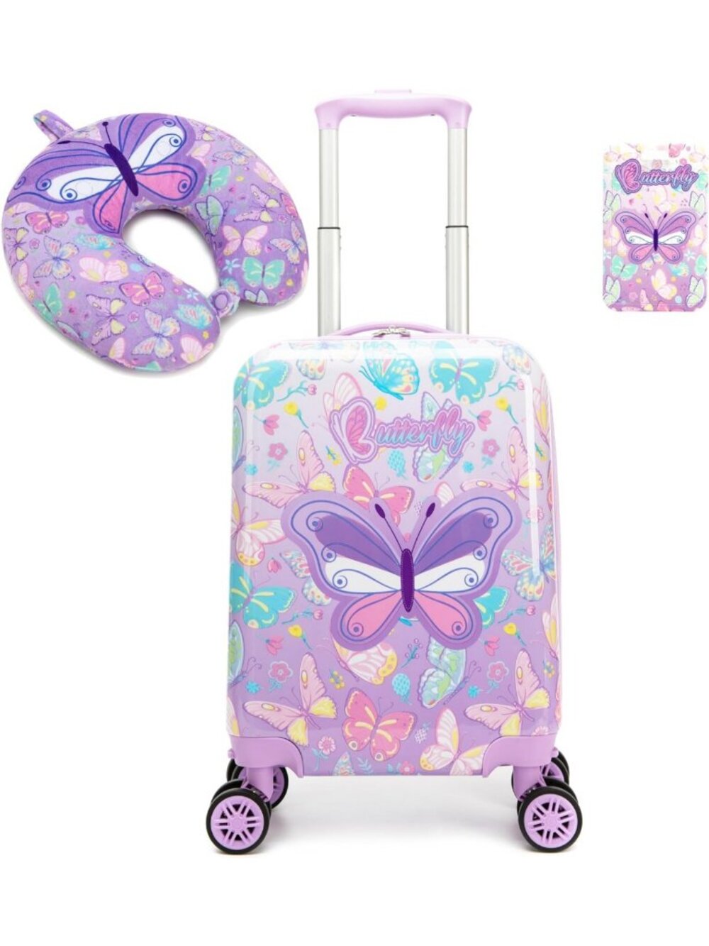2-Piece Kid's Hardside Luggage Set with Spinner Wheels & Neck Pillow - Travel